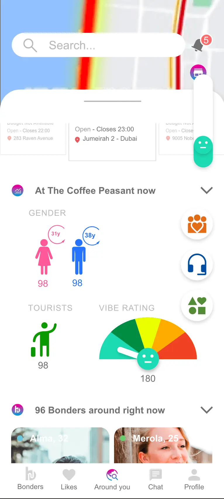 Bond app screen: venues around you