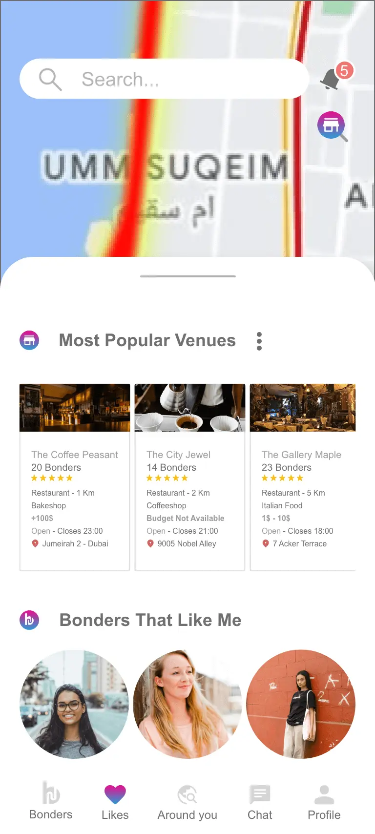Bond app screen: likes